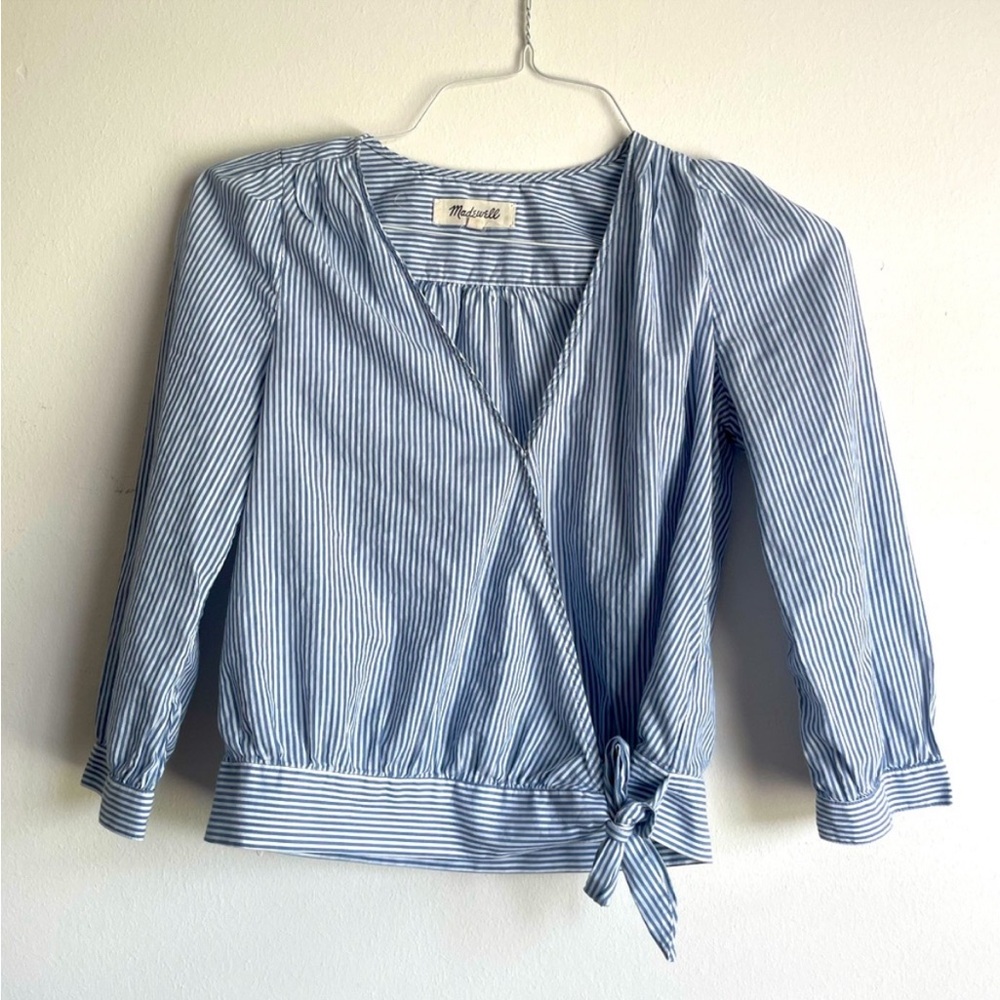 Madewell XS white and blue striped wrap blouse.